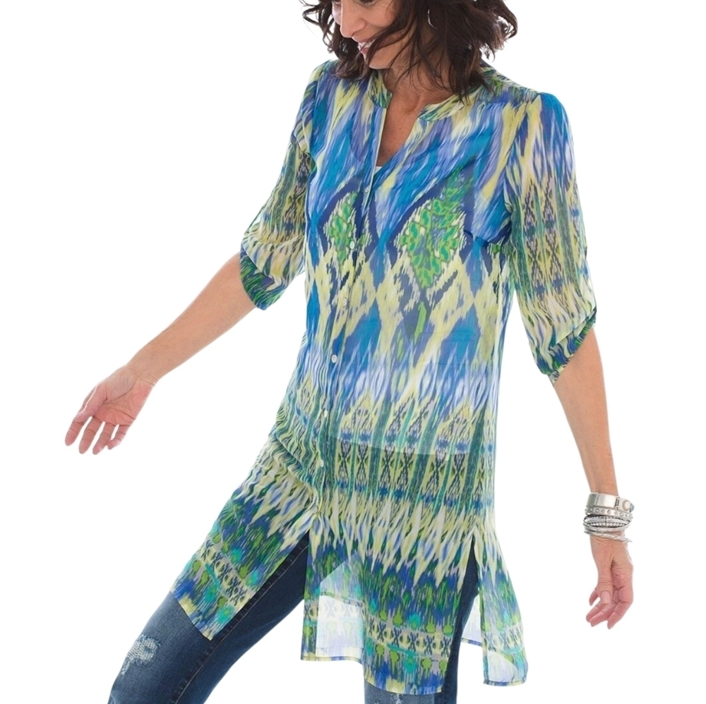 {Chico's} Multicolor Ikat Abstract Print Button-Down Tunic Blouse